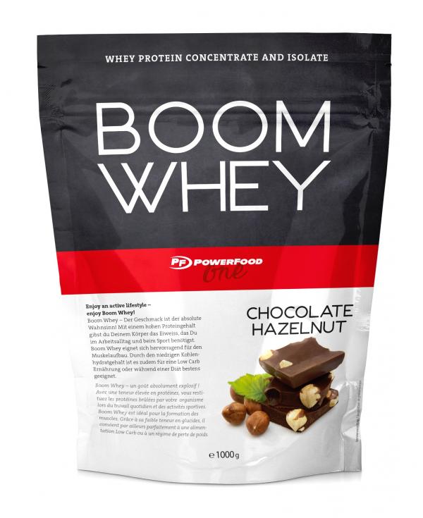 Powerfood Boom Whey Čokoláda a Lískový oříšek 1000g – syrovátkový protein