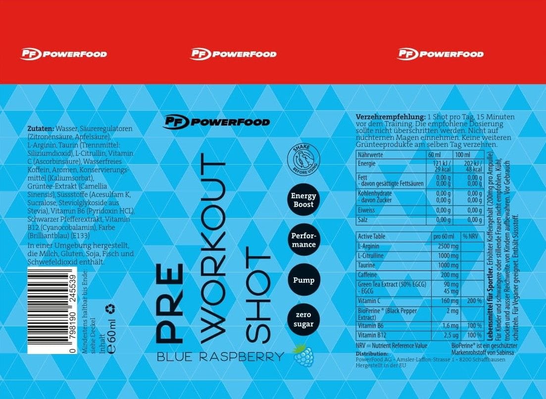 Powerfood Pre-Workout Shot Blue Raspberry 60ml – energetický shot před tréninkem